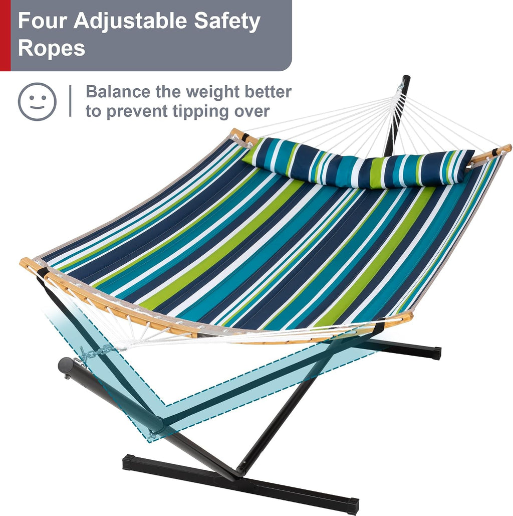 Hammock with Stand for Outside, Double Hammock with Stand, Pillow and Portable Bag, 450 Lbs Capacity, Green Blue Stripes