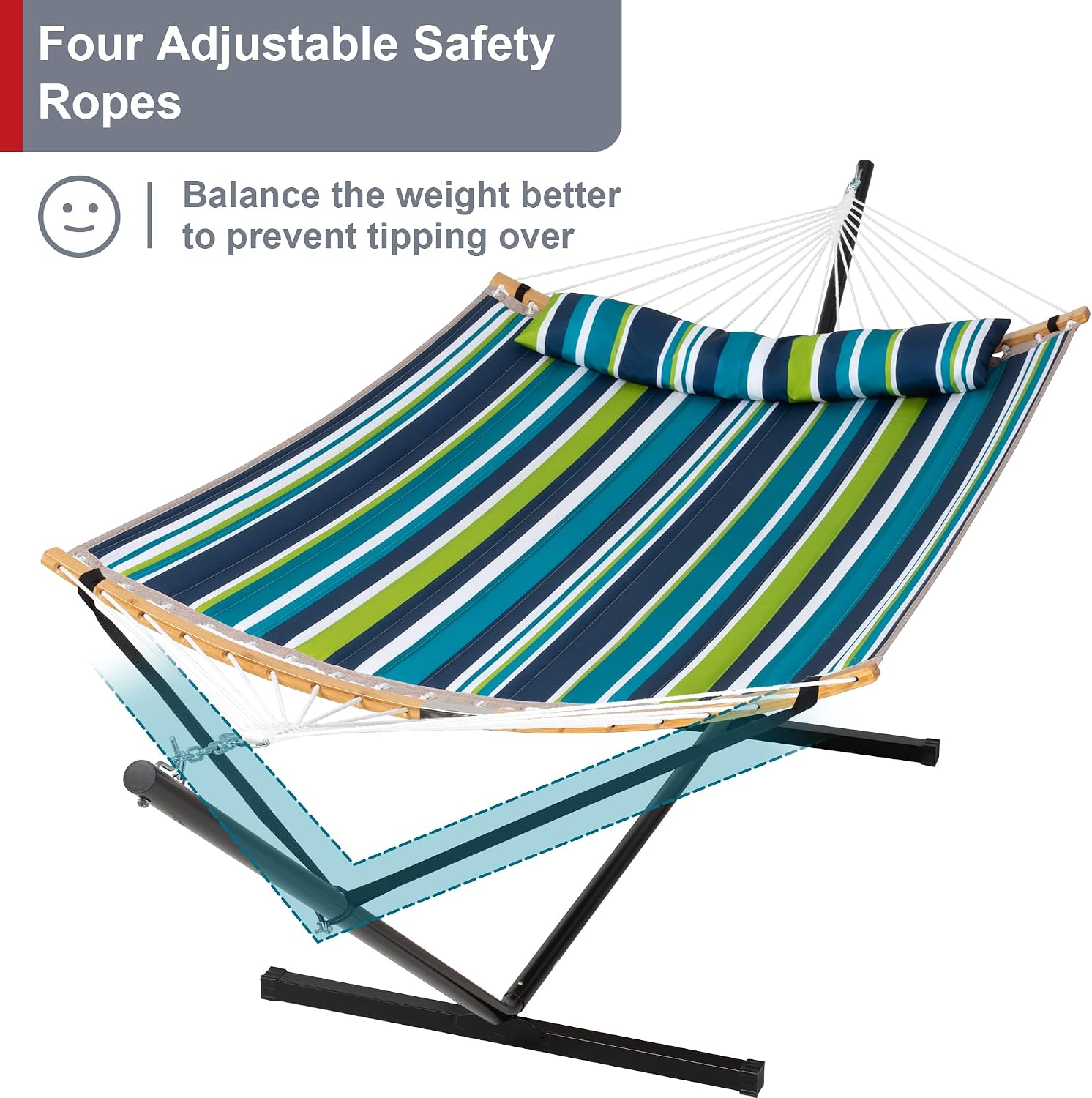 Hammock with Stand for Outside, Double Hammock with Stand, Pillow and Portable Bag, 450 Lbs Capacity, Green Blue Stripes