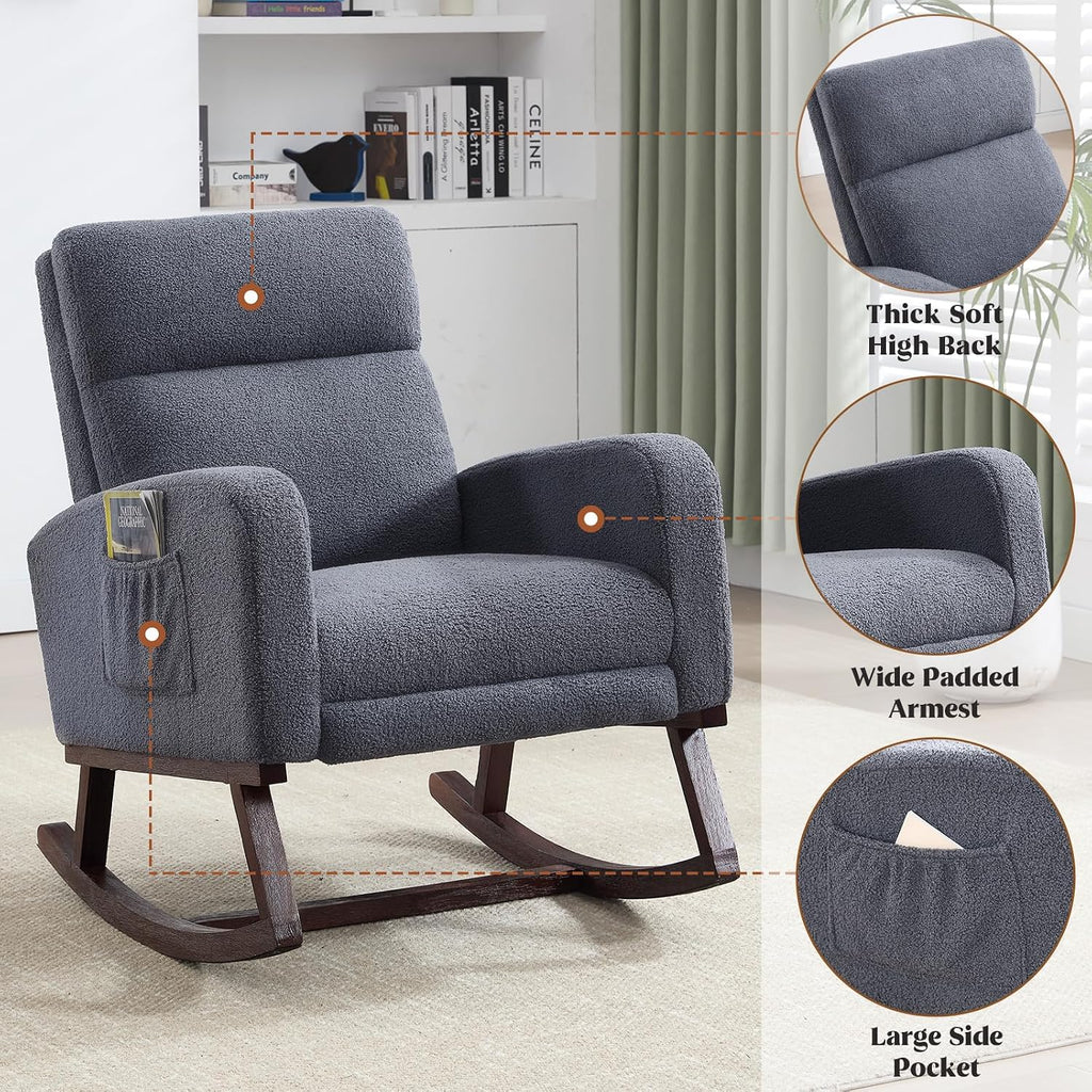 HCHAIRH Rocking Chair Nursery with Foot Rest, Teddy Nursing Rocking Chairs for Mom Breastfeeding, Rocker Glider Chair with High Backrest for Living Room, Bedroom, Blue Grey