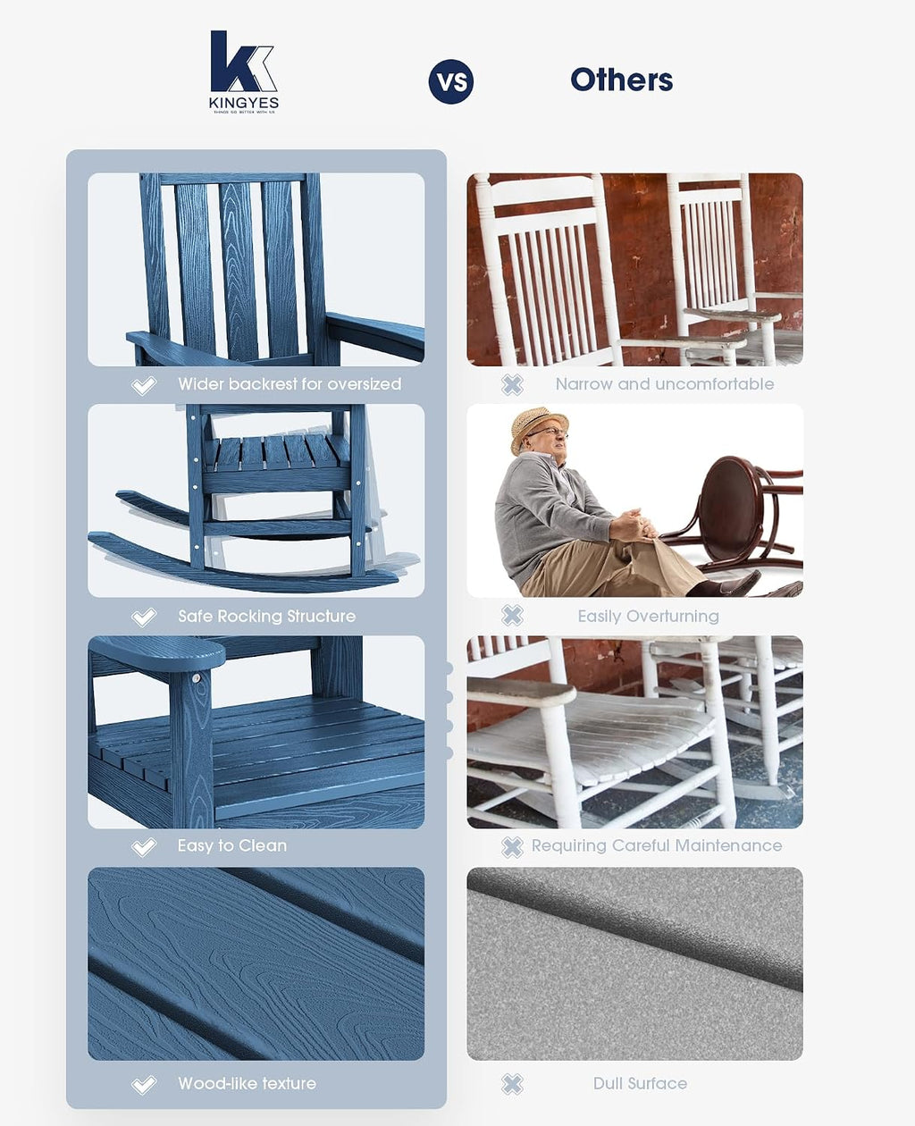 KINGYES Oversized Outdoor Rocking Chair Set of 2, All-Weather Patio Rocking Chairs for Porch, HDPE Outdoor Patio Rockers with High Back & Wide Seat for Garden, Lawn, Blue