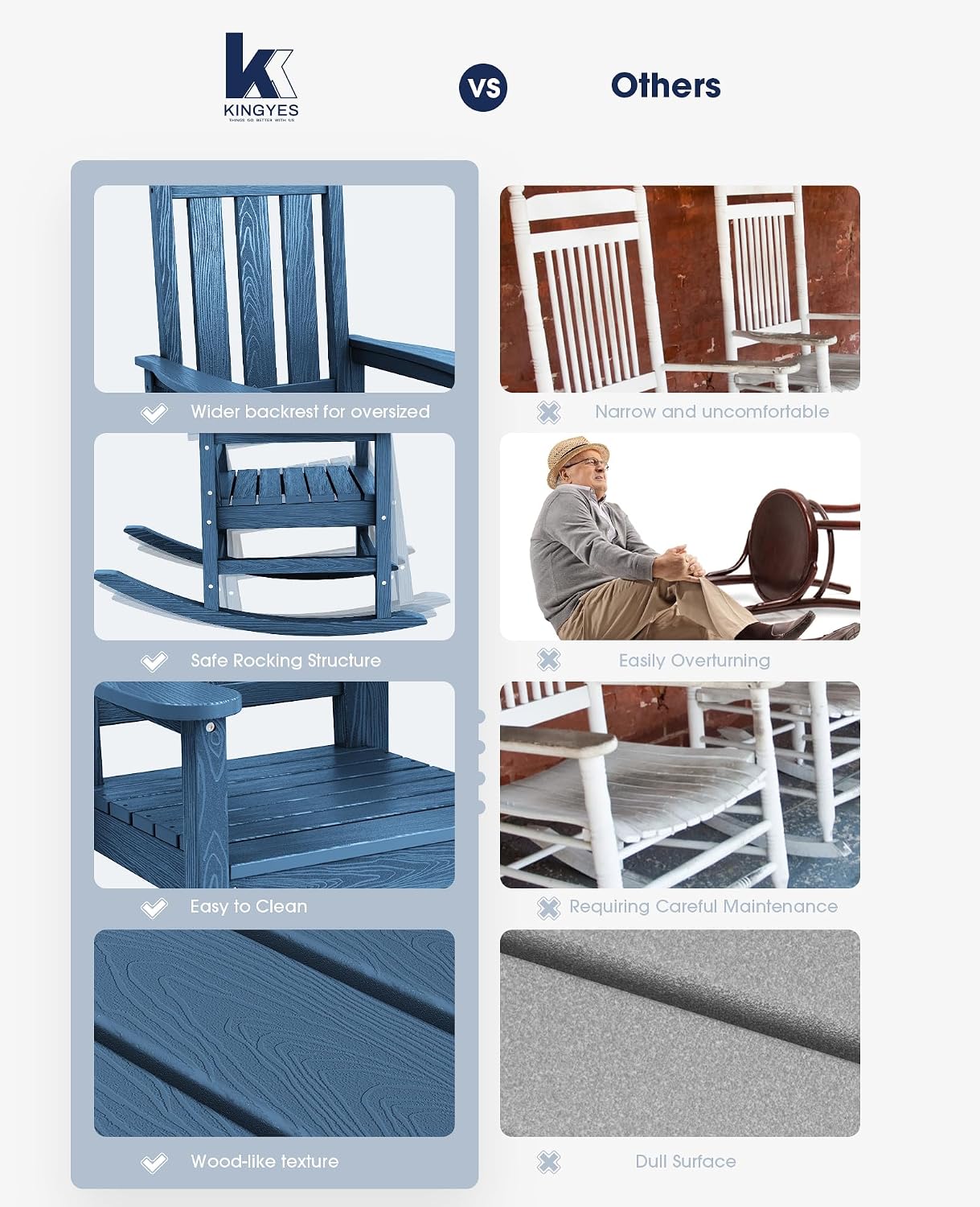 KINGYES Oversized Outdoor Rocking Chair Set of 2, All-Weather Patio Rocking Chairs for Porch, HDPE Outdoor Patio Rockers with High Back & Wide Seat for Garden, Lawn, Blue