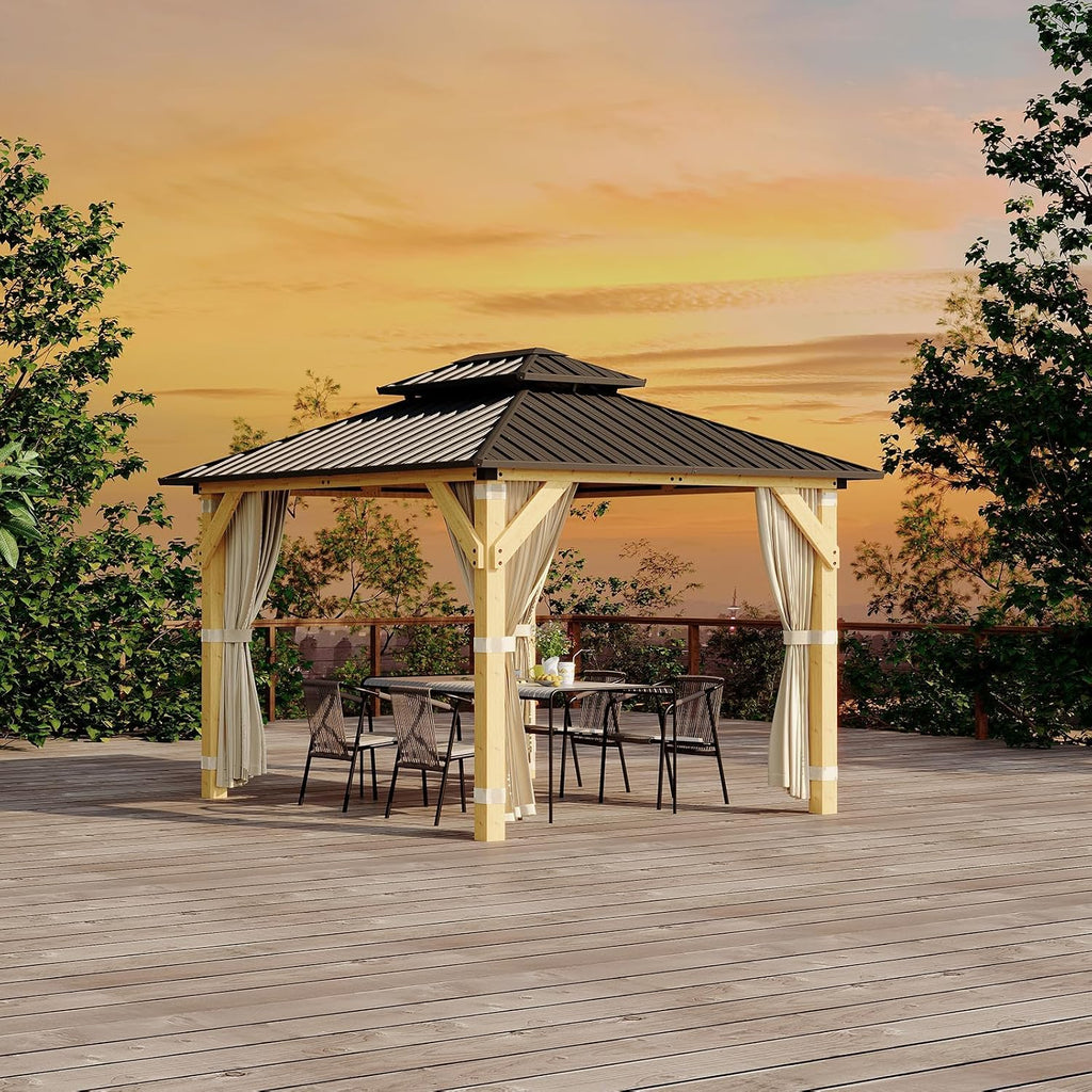 10' x 12' Patio Gazebo Wooden Gazebo with Solid Spruce Frame and Aluminum Double Roof Suitable for Gardens, Patios, Lawns, and Parties Curtains and Netting Included!