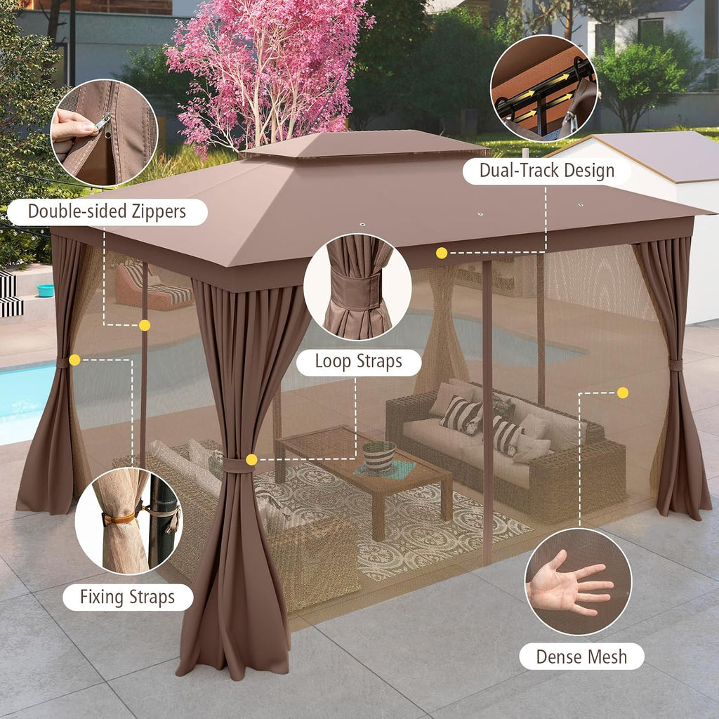 Tangkula 10x13 FT Outoor Gazebo, Metal Patio Gazebo with Mesh Netting & Privacy Curtains, Heavy-Duty Metal Frame, 2-Tier Vent for Yard Deck Poolside
