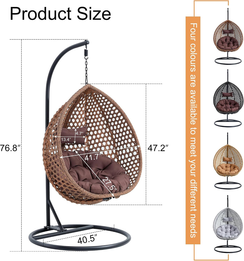 Egg Chair Indoor Outdoor, Hanging Chair for Bedroom, Swing Chair Hammock with Stand & Cushions, Comfy Swinging Chair Adult Reading Chair for Patio Balcony Backyard, Heavy Duty 350LBS, Brown