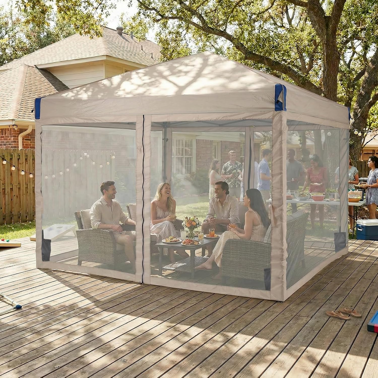 Aoodor 12x12 Ft Pop Up Canopy Tent with Netting, Water-Resistant 210D Oxford Fabric Shade, Easy Assembly Commercial Gazebo with Wheeled Carry Bag & 4 Sand Bags for Camping, Party, Khaki