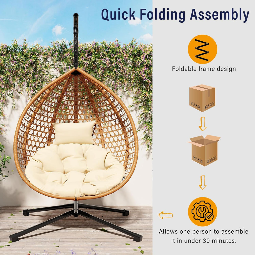 Egg Hanging Chair with Stand, Indoor Outdoor Hammock Egg Chair with Cushion for Patio Bedroom Balconyg Egg Chair (Beige,Brown+Yellow)