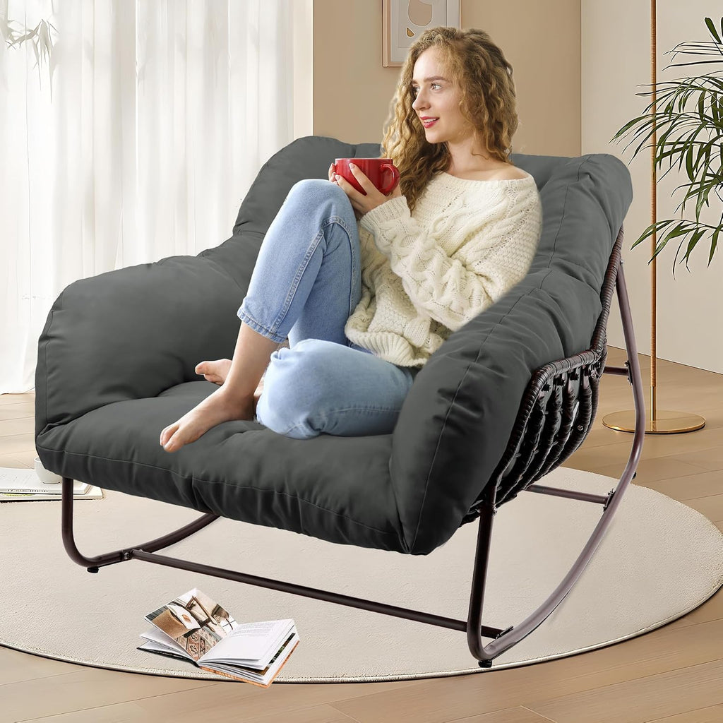 Outdoor Papasan Rocking Chair, Oversized Patio Rocking Chairs with Padded Cushion& Pillow-Comfortable Rocker Egg Chair for Front Porch, Garden, Patio, Backyard,1PC,Grey