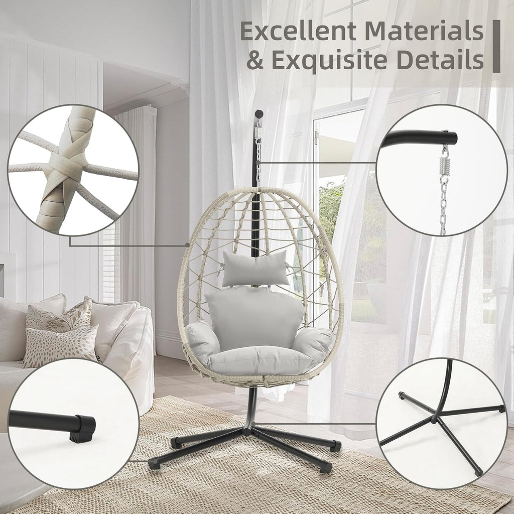DoubleTT Egg Chair with Stand, Swing Chair Hanging Chair Nest Basket, UV Resistant Removable & Washable Cushions,350LBS Capacity for Bedroom, Balcony, Garden（BE-LG