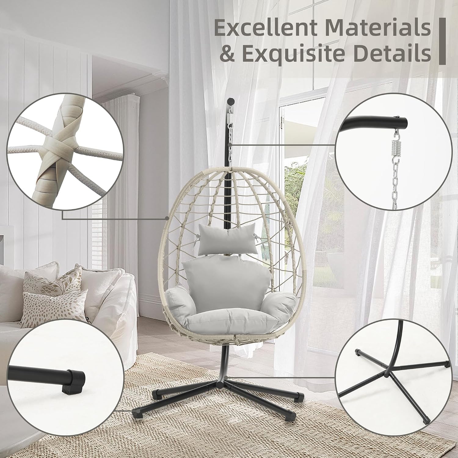 DoubleTT Egg Chair with Stand, Swing Chair Hanging Chair Nest Basket, UV Resistant Removable & Washable Cushions,350LBS Capacity for Bedroom, Balcony, Garden（BE-LG