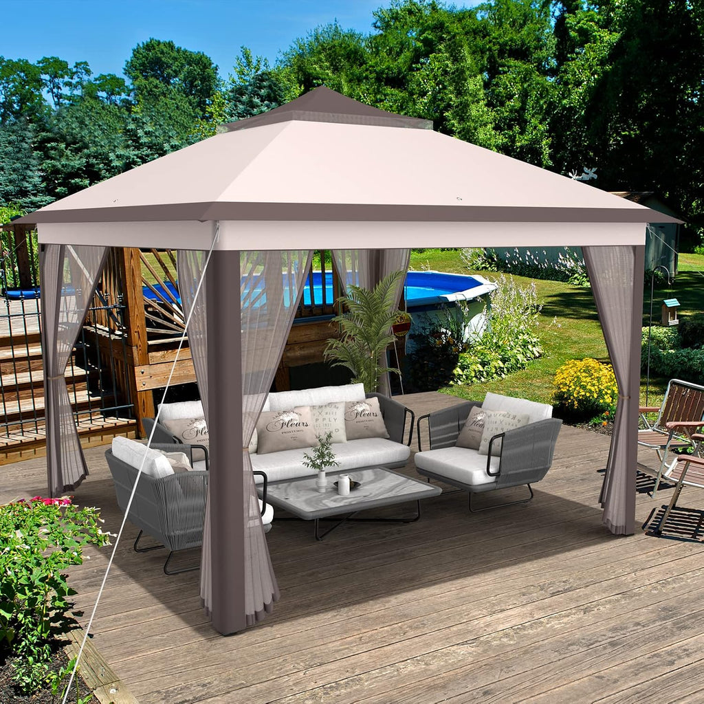 Tangkula 11x11 Ft Pop up Gazebo, 2-Tier Patio Gazebo with Netting, Carry Bag, Easy Set up Outdoor Gazebo with 121 Square Feet of Shade for Backyard, Deck, Poolside (Beige)