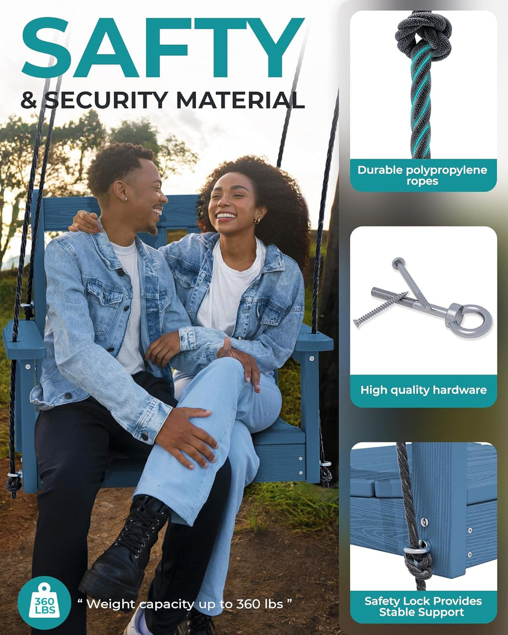 SERWALL HDPE Single Porch Swing Set of 2, Heavy Duty Single Person Swing Chair with 2 Polypropylene Hanging Ropes, Adirondack Hanging Chair for Outdoor Front Porch Patio Garden Yard, Blue