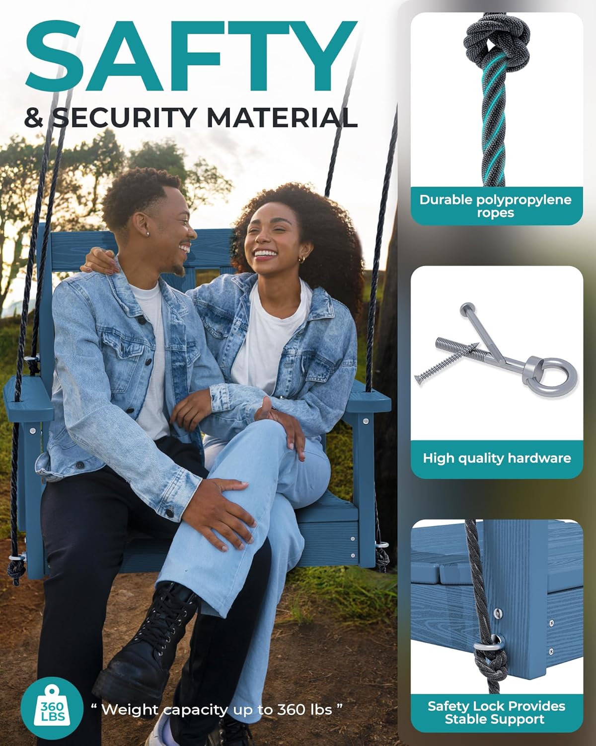 SERWALL HDPE Single Porch Swing Set of 2, Heavy Duty Single Person Swing Chair with 2 Polypropylene Hanging Ropes, Adirondack Hanging Chair for Outdoor Front Porch Patio Garden Yard, Blue