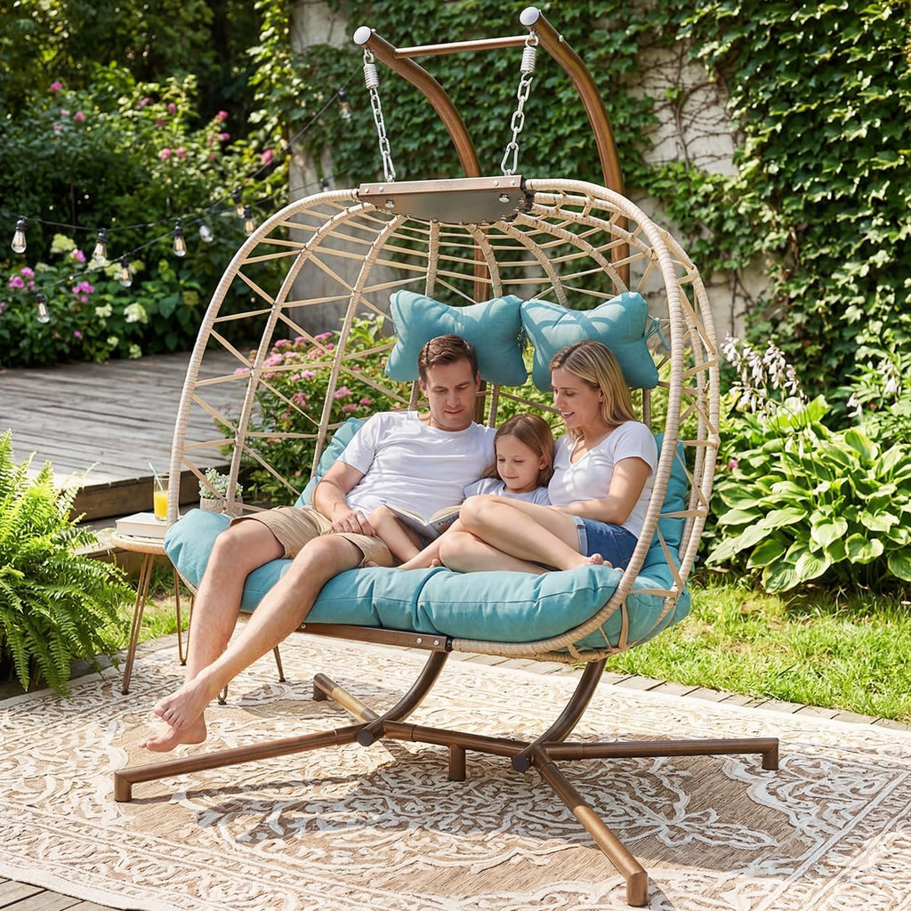 BULEXYARD 2 Person Hanging Egg Chair with Stand, Extra Large Wicker Patio Hammock Loveseat Swing, Oversized Cushioned Double Swing Chair for Indoor Outdoor Garden Balcony Backyard, Light Blue