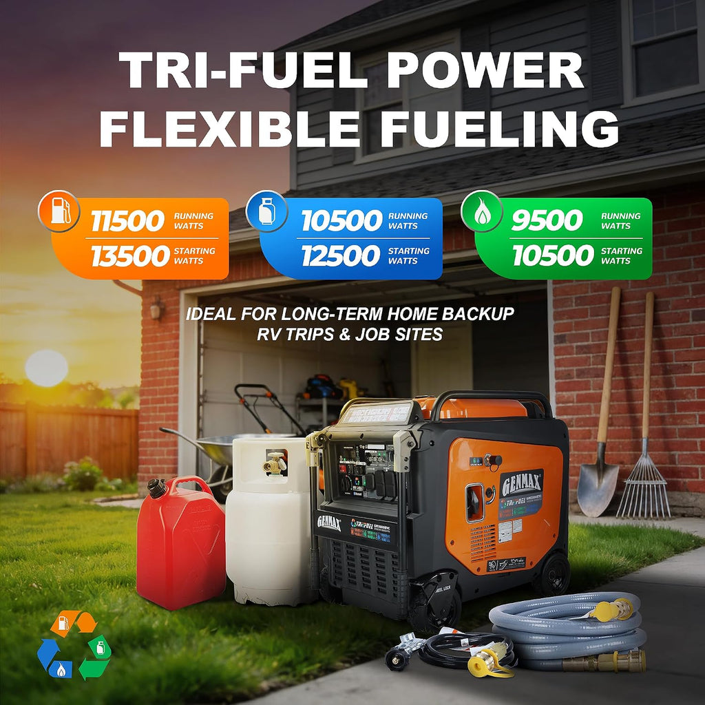 GENMAX 13500W Tri-Fuel Inverter Generator（2026 Model ）— 50A Outlet,ATS 2-Wire Auto-Start,Bluetooth&CO Sensor,550cc Quiet Engine, Built-in LED Light—CARB Compliant,Ideal for Home Backup,RV & Camping