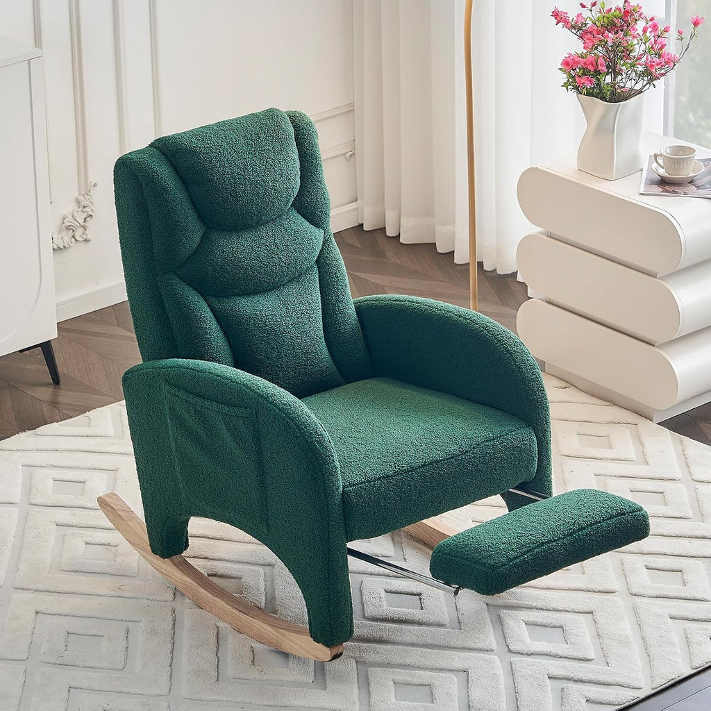 FOXHUNTER Rocking Chair Nursery, Modern Glider Chair with Adjustable Footrest and Solid Wood Legs, High Backrest Nursery Chair with Side Pocket, Rocker Armchair for Living Room Bedroom, Teddy Green