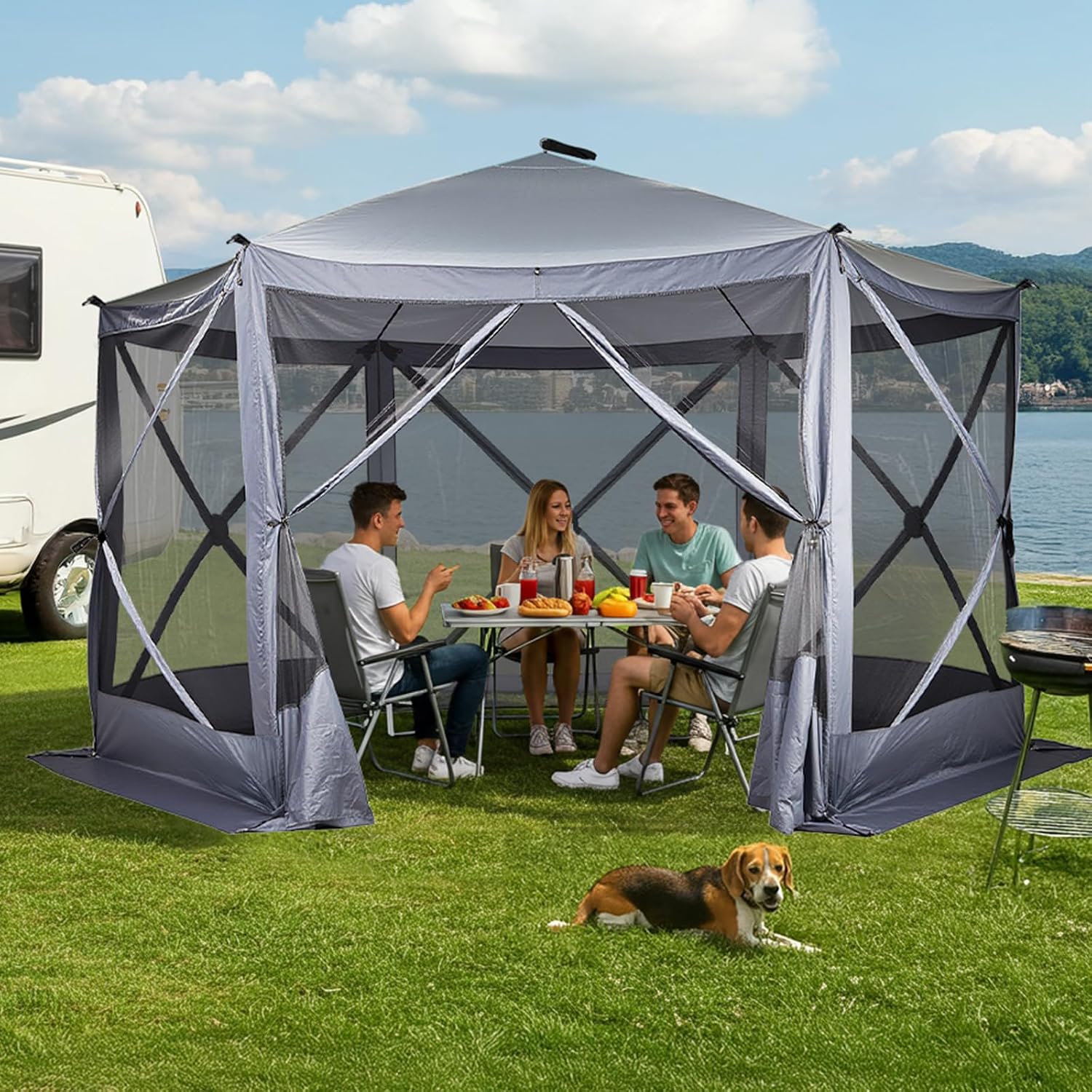 VINGLI 12x12 Pop Up Gazebo Tent, Portable Easy Up Screen Tent for Camping with Mosquito Netting, Camping Canopy Shelter with Carry Bag, Ground Stakes