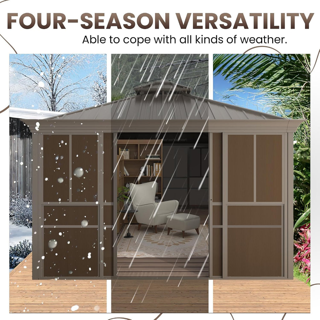 EROMMY 10x12 Sunroom Gazebo, Fully Enclosed Outdoor Sunroom with Lockable Sliding Doors, Galvanized Steel Double Roof Hardtop Gazebo, Aluminum Frame Patio Solarium for Backyard