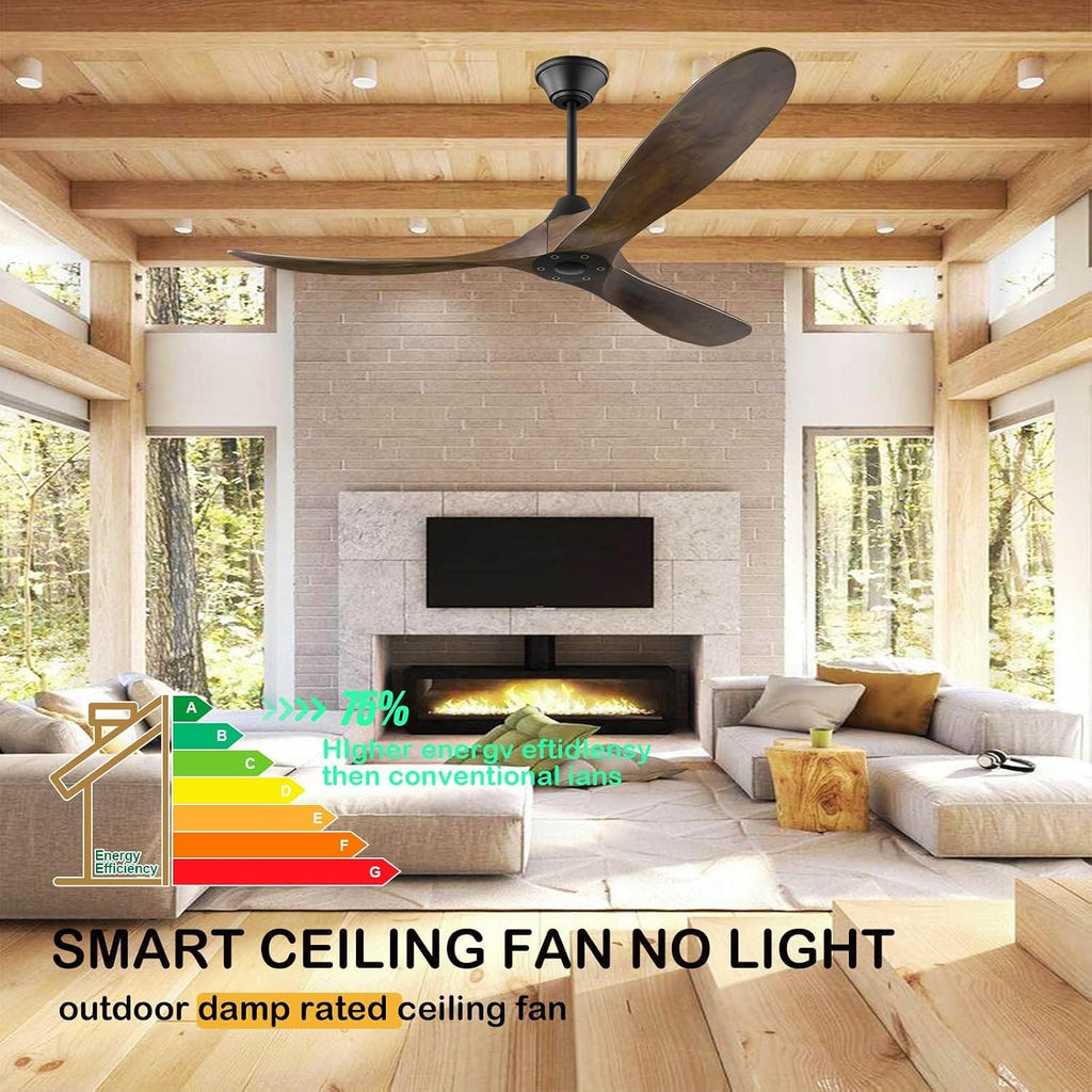 52 Inch Outdoor Ceiling Fan for Patios Damp Rated, Smart Wood 3 Blades Propeller Ceiling Fans No Light Quiet Reversible DC Motor with Large Airflow for Indoor Work with Alexa Voice/Google/App