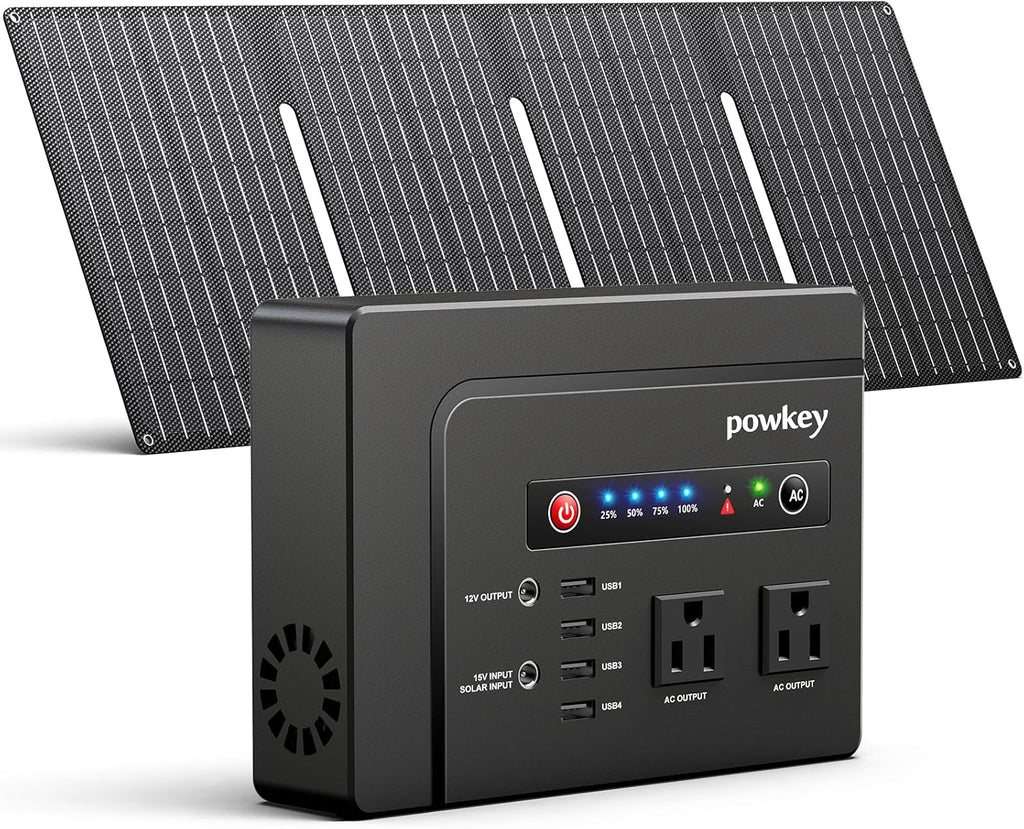 powkey Solar Powered Generator, 200W Portable Power Station with Solar Panels 40W, 146Wh Power Bank with 2 AC Outlet 110V Pure Sine Wave for Outdoor Camping Emergency Home
