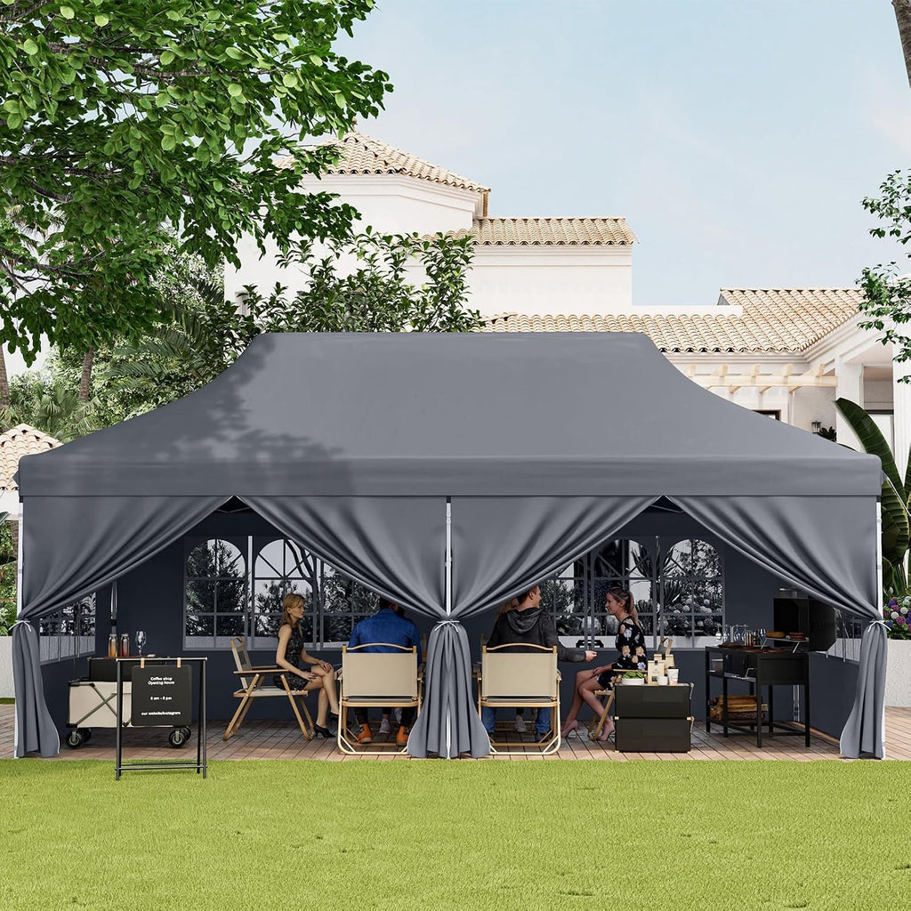 HAPPYGRILL 10x20 Pop Up Canopy Tent with Detachable Sidewalls, Waterproof UPF 50+ Outdoor Instant Gazebo Shelter with Carry Bag for Party Wedding Patio Garden, Grey