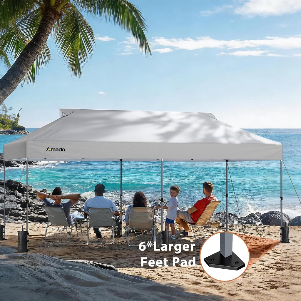 Amada 20x10 Pop Up Canopy Tent - Center Lock One Push Commercial Instant Canopies with 3-Height Adjustable & Wheeled Bag, 12 Stakes 6 Sandbags 6 Ropes, Great for Trade Shows, Events (20x10ft, White)