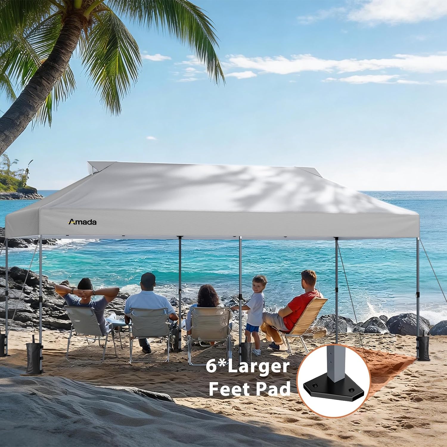 Amada 20x10 Pop Up Canopy Tent - Center Lock One Push Commercial Instant Canopies with 3-Height Adjustable & Wheeled Bag, 12 Stakes 6 Sandbags 6 Ropes, Great for Trade Shows, Events (20x10ft, White)