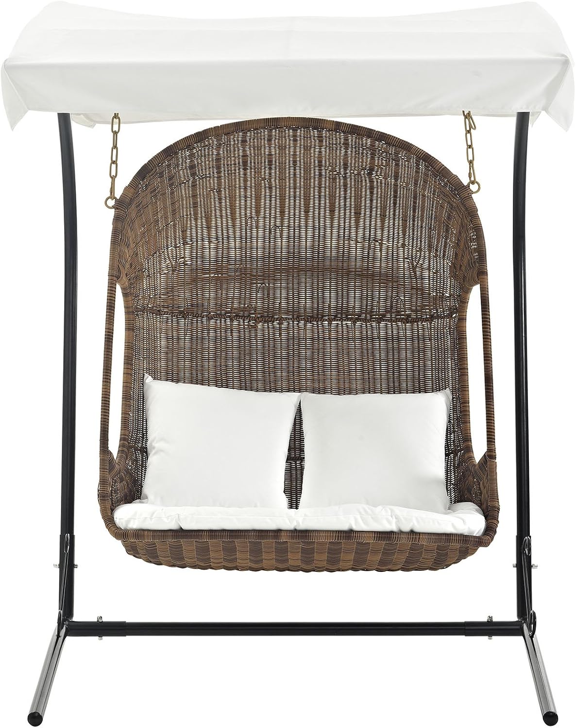 Modway Vantage Wicker Rattan Outdoor Patio Swing Chair with Canopy in Brown White