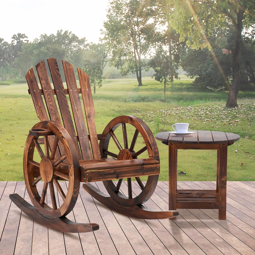 Spurgehom 2-Piece Outdoor Wood Rocking Chair Set, Patio Decor Yard Glider with Side Table, Adirondack Chair for Porch Lawn Garden Balcony Poolside, Brown
