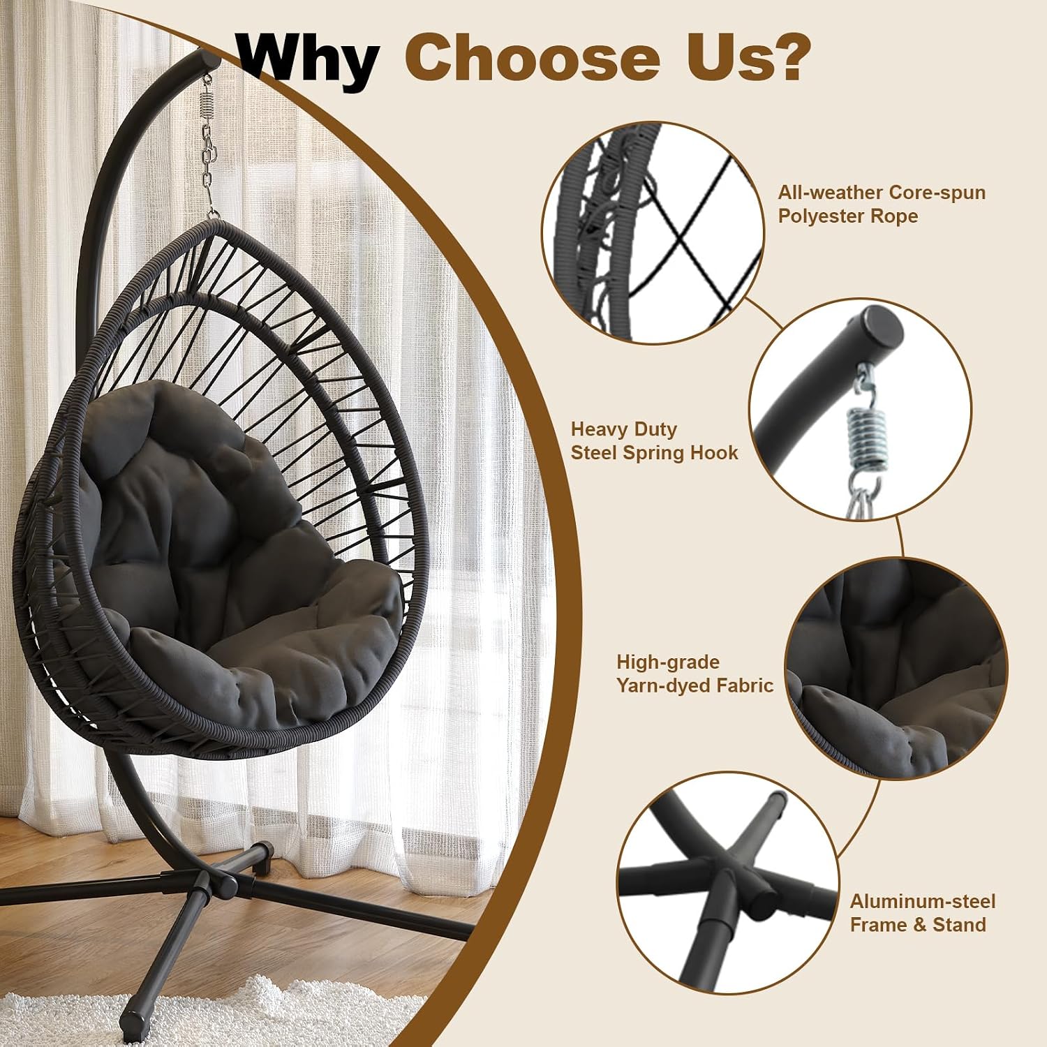 Hanging Egg Chair with Stand, Foldable Swing Hammock Chair, All-Weather Core-Spun Polyester Rope, Yarn-Dyed Cushion, 350LBS, Indoor Outdoor Patio Balcony (Dark Grey)