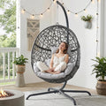 BULEXYARD Oversized Hanging Egg Chair with Stand, Indoor Outdoor Grey Wicker Bird Cage Swing Chair, Patio Hammock Egg-Shaped Chair with Light Grey Cushion for Sunroom, Deck, 350lbs Capacity