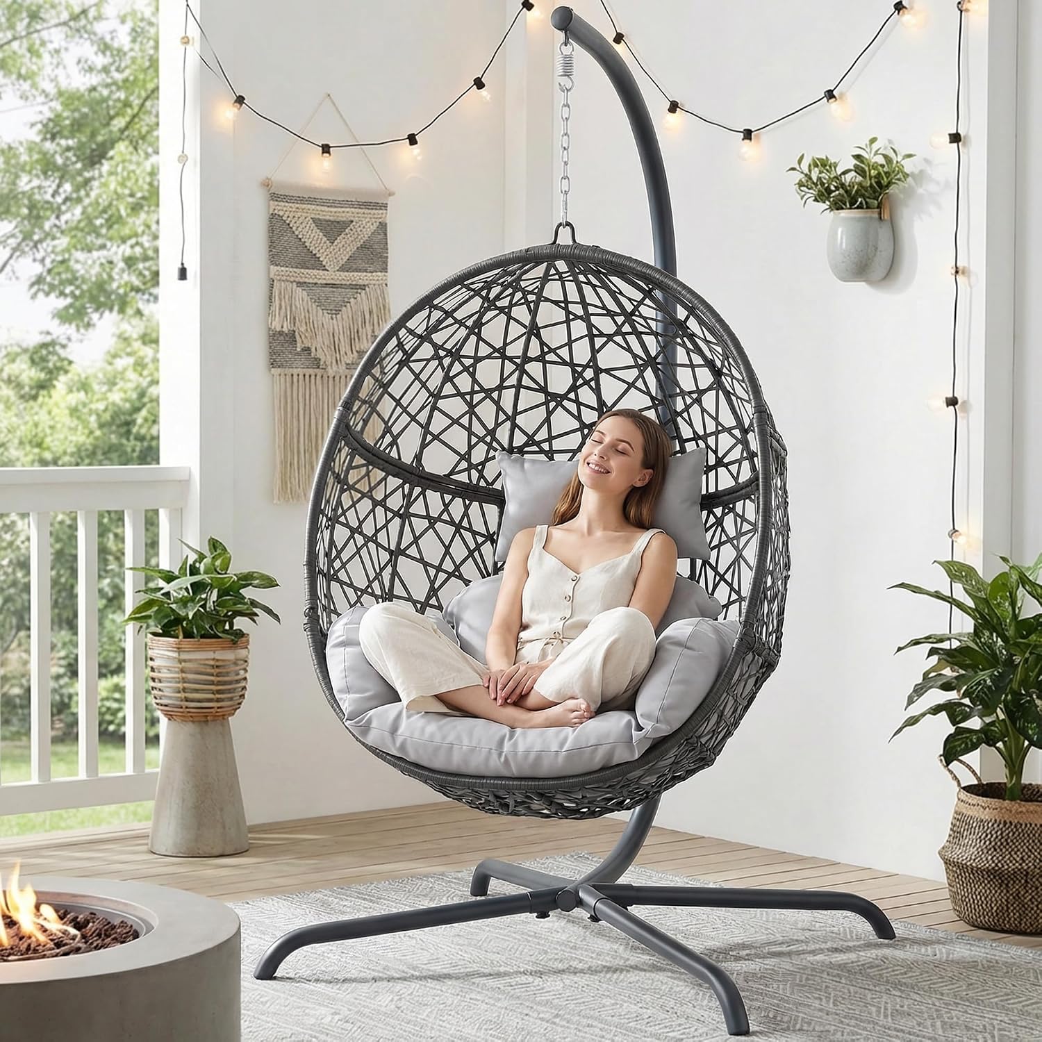 BULEXYARD Oversized Hanging Egg Chair with Stand, Indoor Outdoor Grey Wicker Bird Cage Swing Chair, Patio Hammock Egg-Shaped Chair with Light Grey Cushion for Sunroom, Deck, 350lbs Capacity