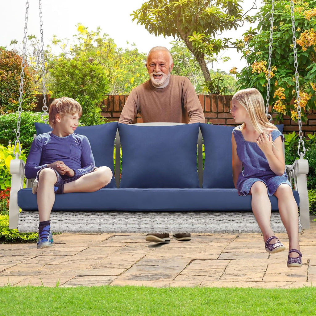 ZZW Heavy Duty 900 LBS Porch Swing Chair 3-Person Outdoor Rattan Patio Swing Lounge w/Cup-Holder & Steel Chains Wicker Hanging Bench Porch Swing Cushions for Deck & Backyard & Garden