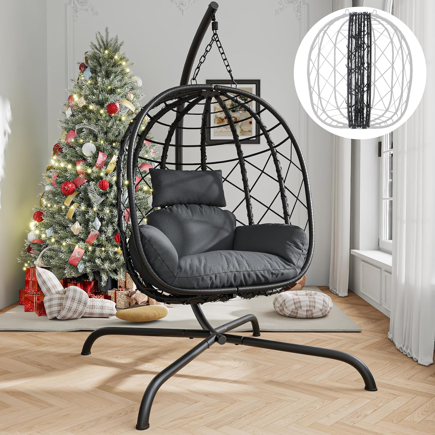 Hanging Egg Chair with Stand Patio Wicker Rattan Swing Chair Hammock Egg Chair for Indoor & Outdoor 400lbs Capacity with Thickened Cushion for Bedroom Balcony Garden