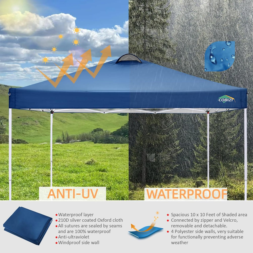 COBlZI 10x10 Pop Up Canopy Tent with 4 Removable Sidewalls，Waterproof Commercial Easy Adjustable Gazebo Tent with Air Vent, 4 Sandbags，4 Stakes & 8 Ropes（Tents for Party/Exhibition,Blue