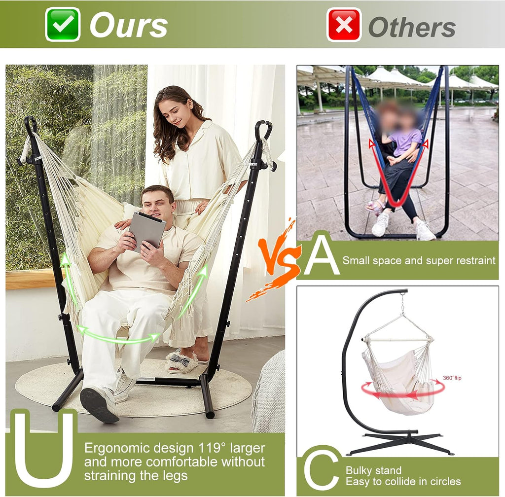 Hammock with Stand Phone Holder Included Double Hanging Chair Macrame Boho Handmade Adjustable Swing Indoor Outdoor Patio Yard Garden Porch 400lbs Capacity (2022 White)