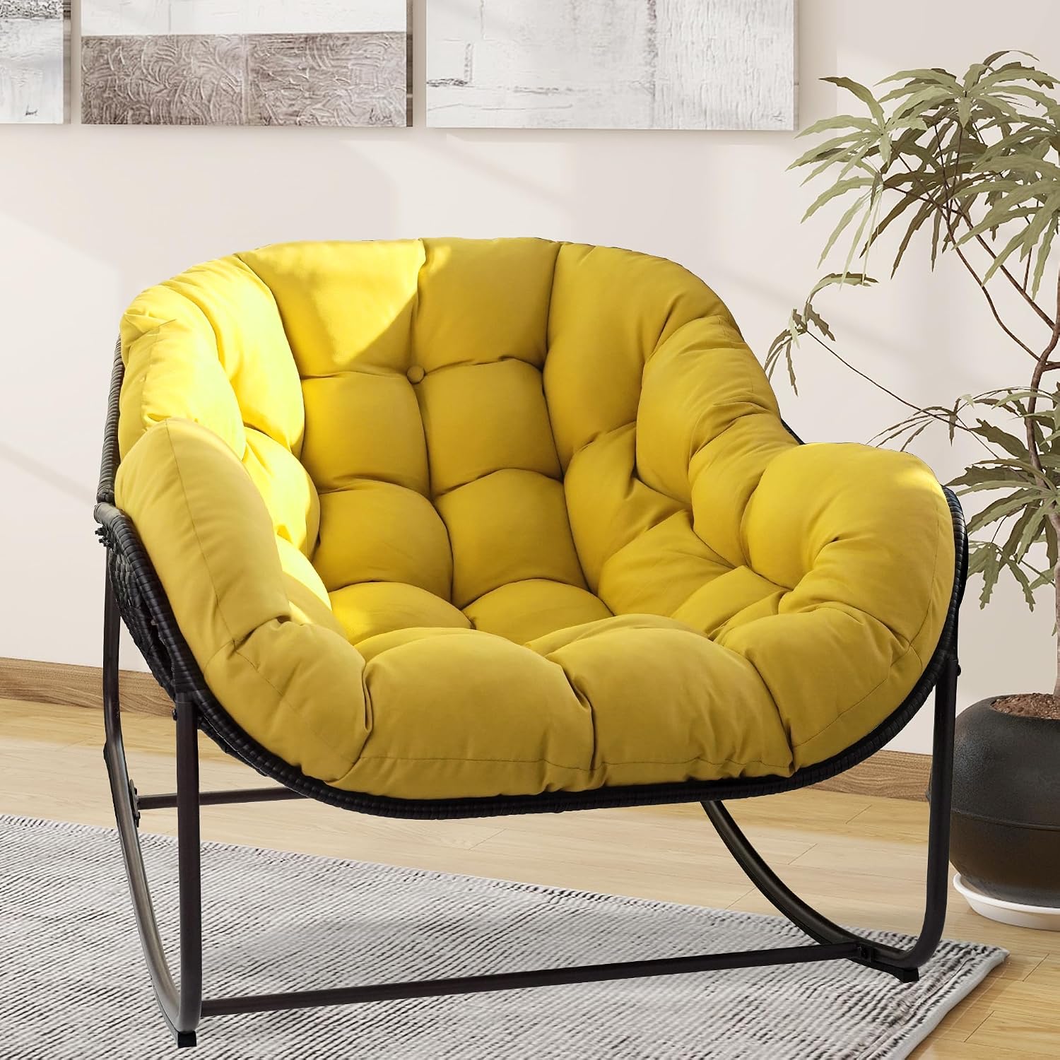Papasan Rocking Chair, Oversized Papasan Chair with Cushion and Frame for Indoor& Outdoor,Egg-Shaped Patio Rocking Chair for Garden, Deck, Living Room, Yellow