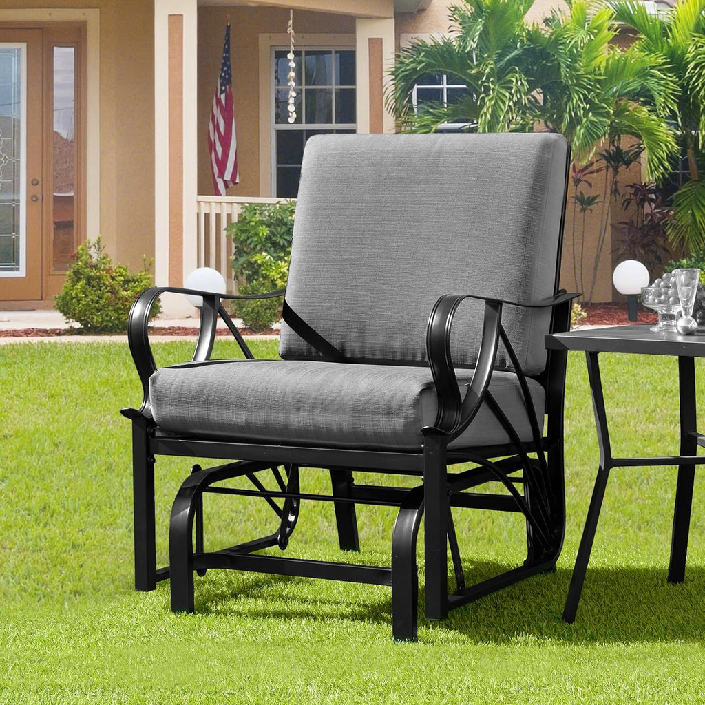 Giantex Outdoor Glider, Patio Rocking Chair with Thick Cushion, Sturdy Metal Frame, Curved Armrest, Ergonomic Design, Single-Person Glider Chair for Garden, Yard, Porch Rocker, Grey