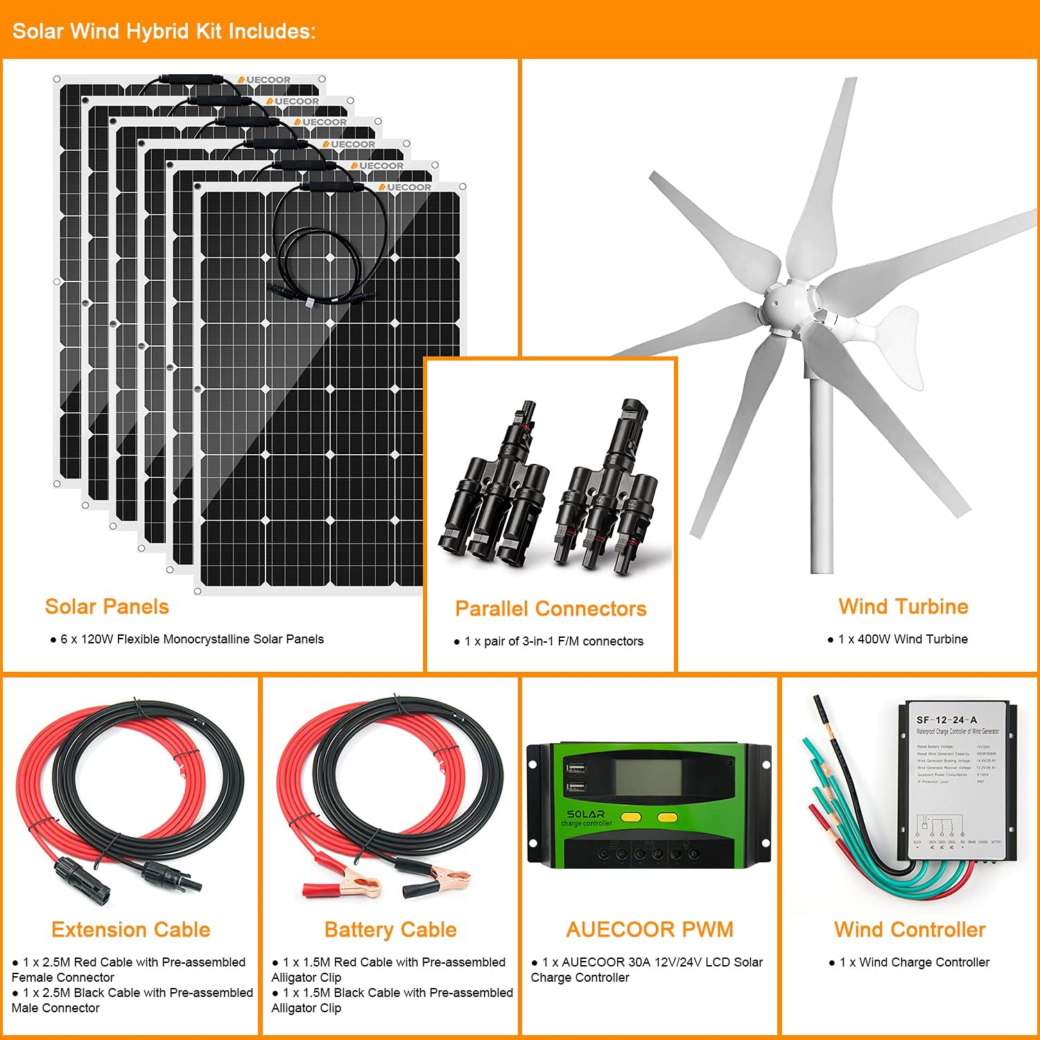 1120 Watts 24 Volt Solar Wind Hybrid System Kit: 400W 6-Blade Wind Turbine Generator with Charge Controller,6pcs 120W Flexible Monocrystalline Solar Panel,Complete System Accessories