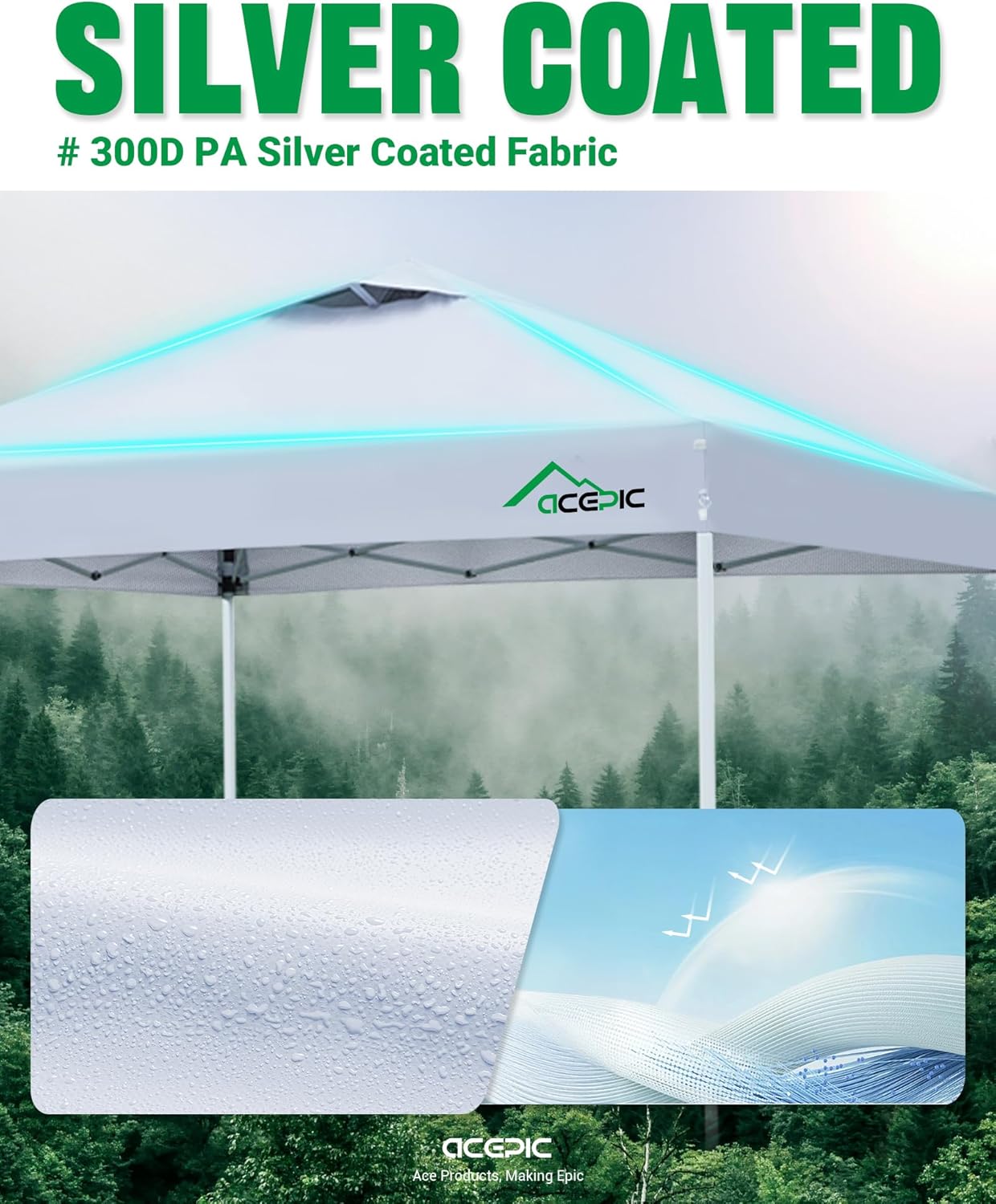 Acepic 10x10 Pop Up Canopy Tent, One Push Instant Outdoor Gazebo with Vented Top, Upgraded 300D Silver Coated Sun Shade for Parties Camping Vendor, Includes Wheeled Bag and 4 Sandbags, White