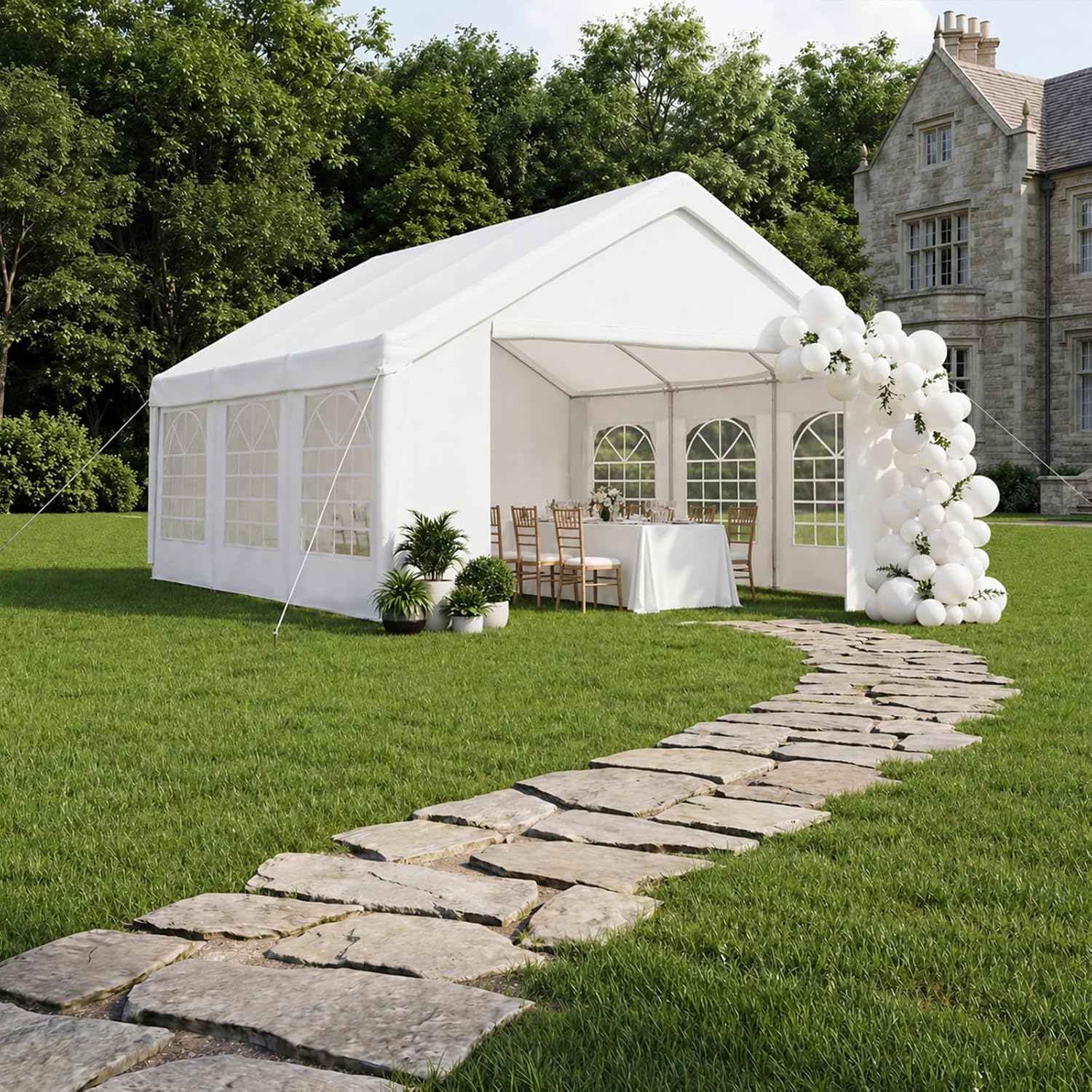 Aoxun 20x20 Party Tent Canopy for Weddings Waterproof Event Tent with Removable Sidewalls &Roll-up Door, Heavy-Duty Steel Frame for Outdoor Weddings, BBQ, Birthday Parties, & Camping,White