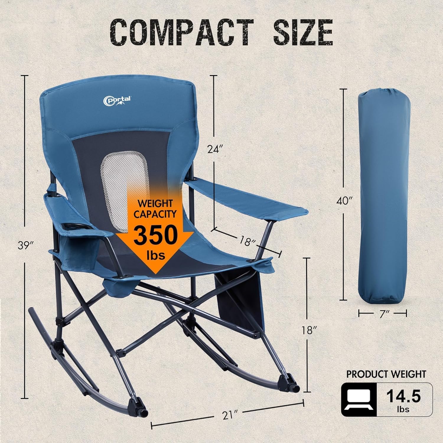 Portal Outdoor Rocking Chair Camping Folding Portable Rocker with Cup Holder Side Pocket Carry Bag, Support 350LBS (Mesh Blue), 2 Pack