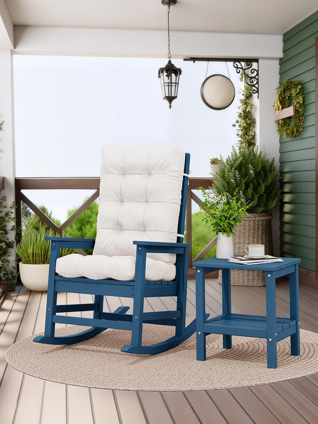 KINGYES Oversized Outdoor Rocking Chair with Cushion Set of 2, All-Weather Patio Rocking Chairs, HDPE Porch Rocker for Adults, 350 lbs Capacity, Blue Chair with Beige Cushion