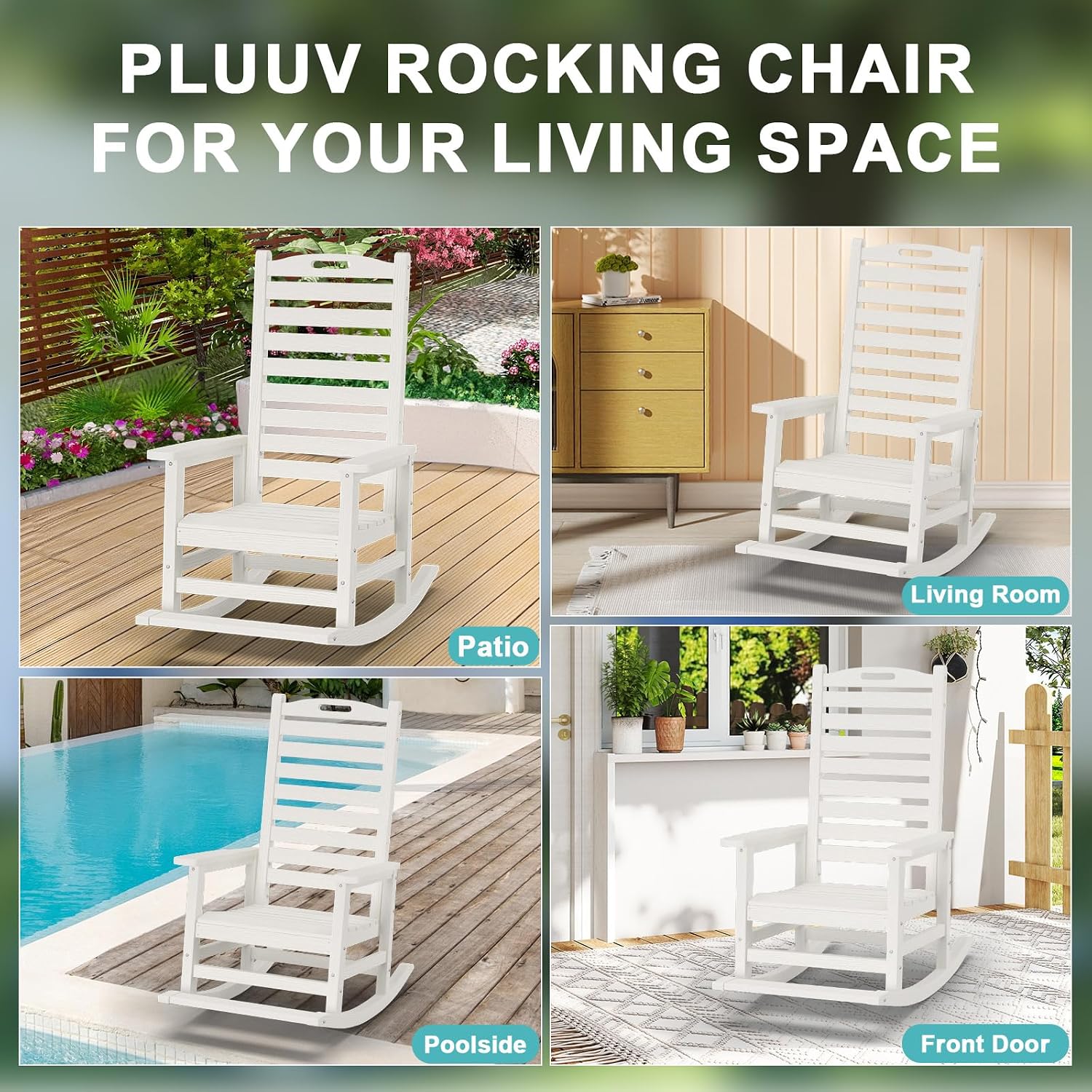 PLUUV Outdoor Rocking Chair Set of 2 with Removable Footboard for Adults, HDPE High Back Patio Rocking Chairs, 330lbs All Weather Porch Rocking Chairs for Outdoor & Indoor -White