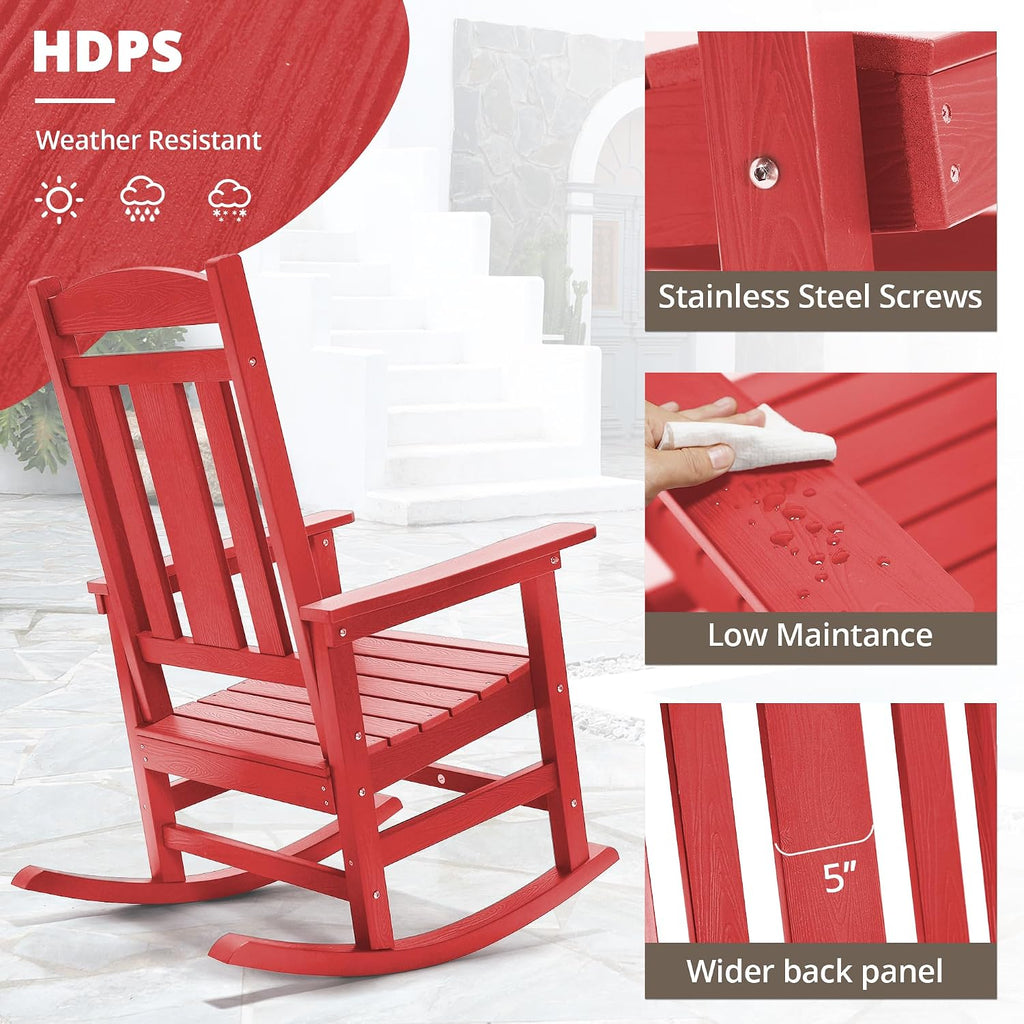 LUE BONA Outdoor Rocking Chairs Set of 2, HDPS Porch Rocker with High Back, Plastic Weather Resistant Rocking Chairs for Outdoor Indoor, Garden, Backyard, 350lb, Bright Red