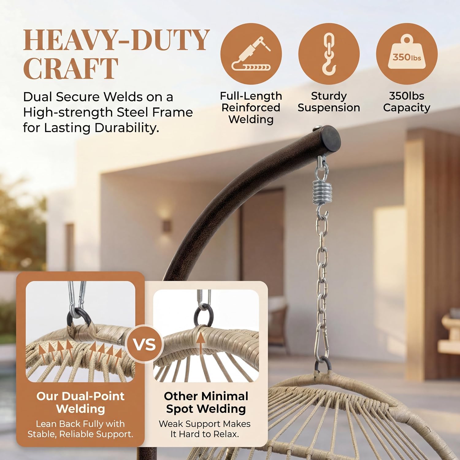 RADIATA Hanging Egg Chair with Stand and Cover, Indoor Outdoor Heavy Duty Foldable Rattan Swing Hammock with Cushion, 350Lbs Royal Craft Dome Shape Eggshell Basket Seat for Porch Garden Bedroom, Cream