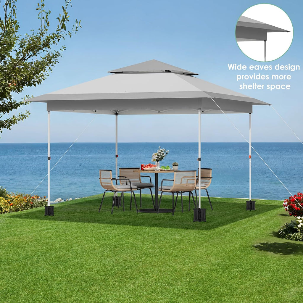 TLSUNNY 13X13 Pop Up Canopy Tent, Camping Shader W/Overhanging Eaves & Sand Bag, Outdoor Gazebo Shelter W/One Push Setup & Wheeled Bag, Height Adjustable, for Patio, Market, Party (Grey, 13FTX13FT)