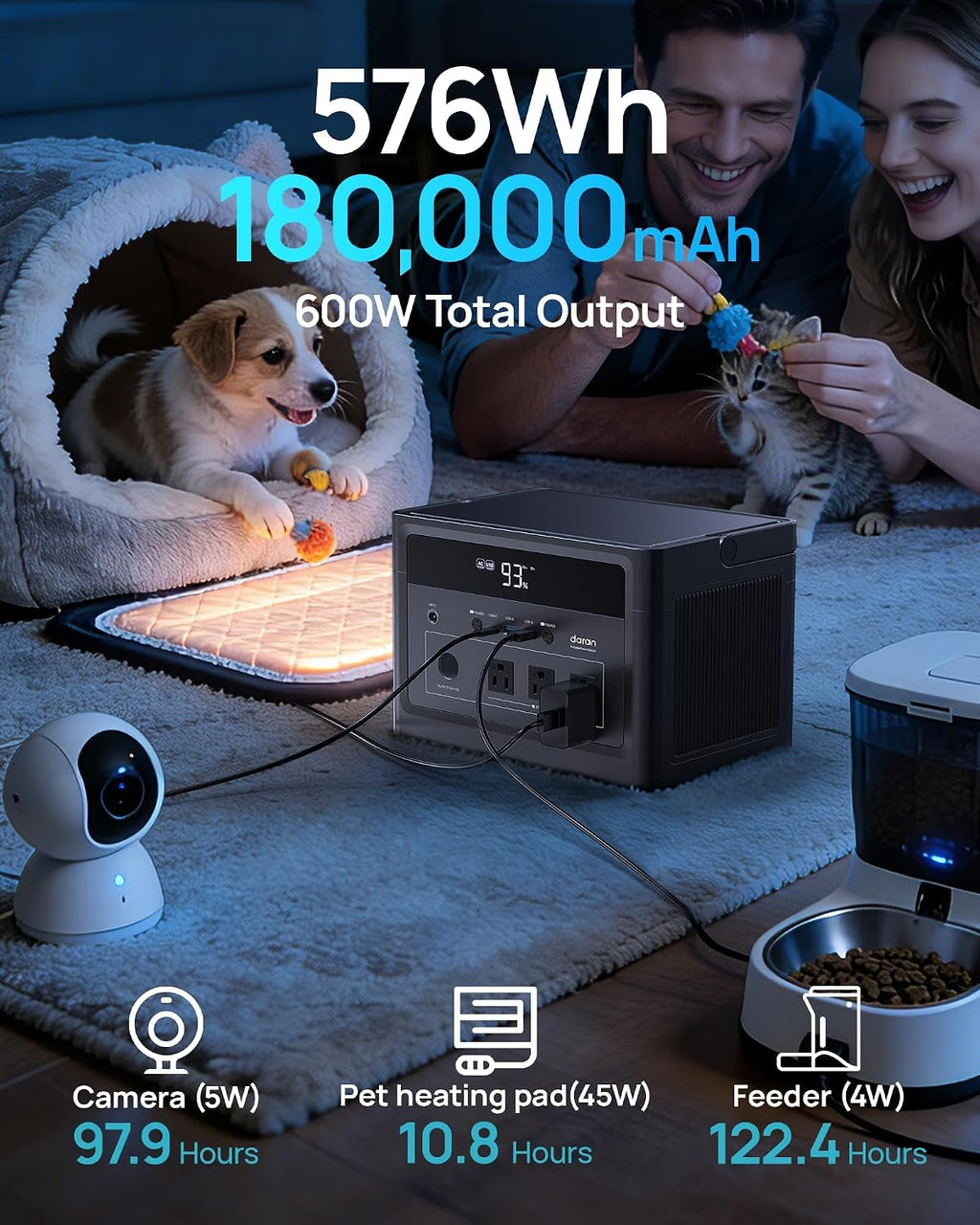 DARAN Portable Power Station 1200W Surge, 576Wh LiFePO4 Battery, 100W USB-C PD Fast Charg, Solar Generator for Home Emergency, Camping, RV Off-Grid Power