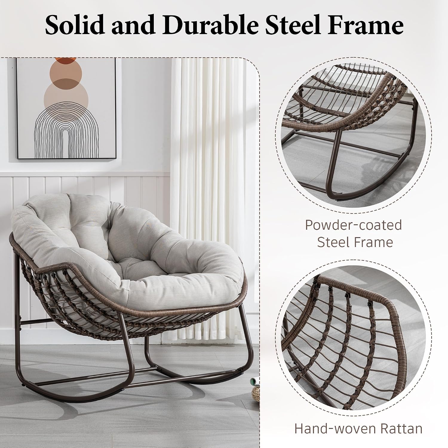 Large Indoor Outdoor Rocking Chair, Oversized Rocking Papasan Chair with Thick Cushion and Frame Outdoor Rocker, Comfy Wicker Egg Chairs Lounge for Outside Porch Patio Backyard Balcony (Beige)