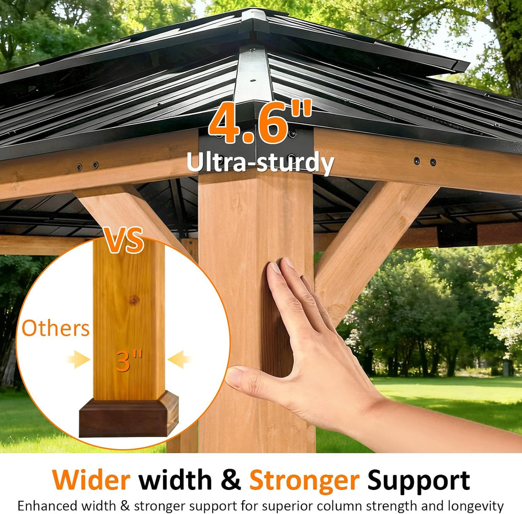 CHARMELEON 10x12 FT Cedar Wood Gazebo,Hardtop Wooden Gazebo with 4.6in Thickened Posts&High Load-Bearing Roof & Waterproof Curtains/High-Density Netting for Outdoor, Patio, Backyard-Natural