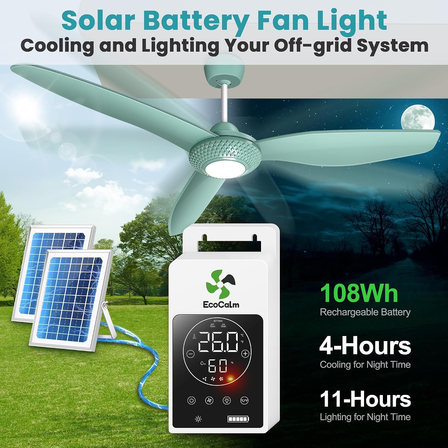 Outdoor Ceiling Fan Light for Gazebo with Battery, 52' Solar Ceiling Fan with Adjustable Thermostat & 2pcs 30W Bifacial Panels for Patios, Porch, Barn, Shed